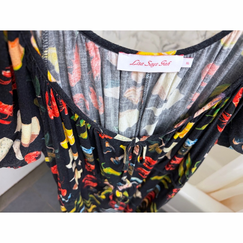 Lisa Says Gah Lux Food Print Maxi Dress Tapas Black Lemon Olive Fruit XL - Picture 7 of 14